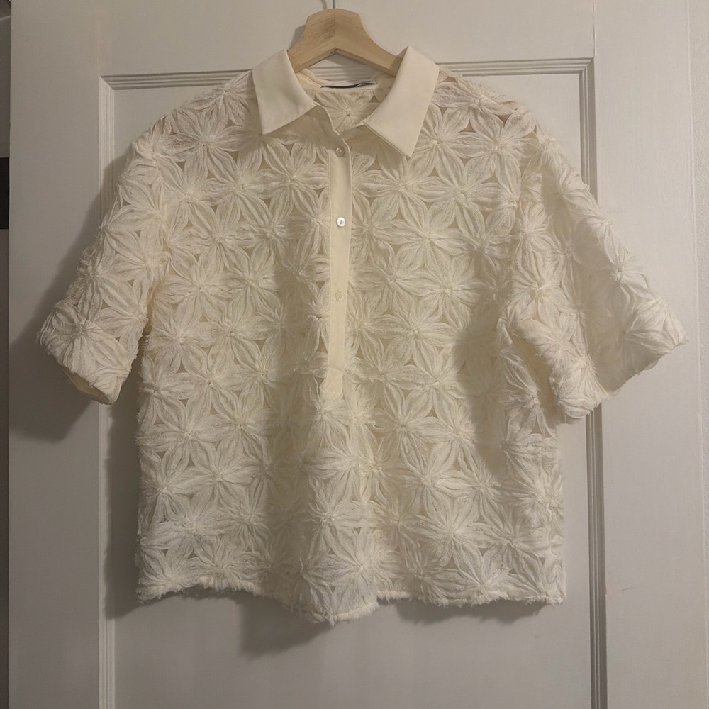 Mango Cream Textured Floral Button-Down Top